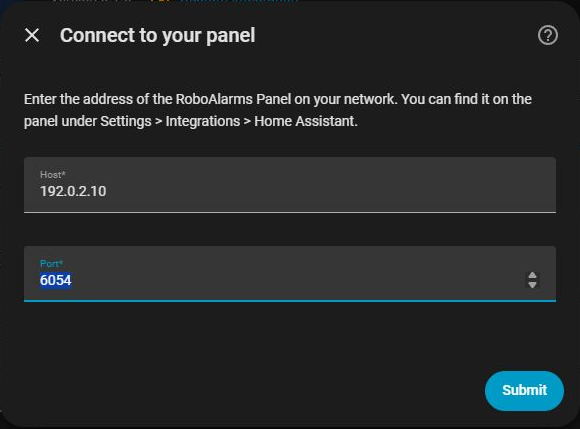 Home Assistant connection dialog with an example Host address and port 6054