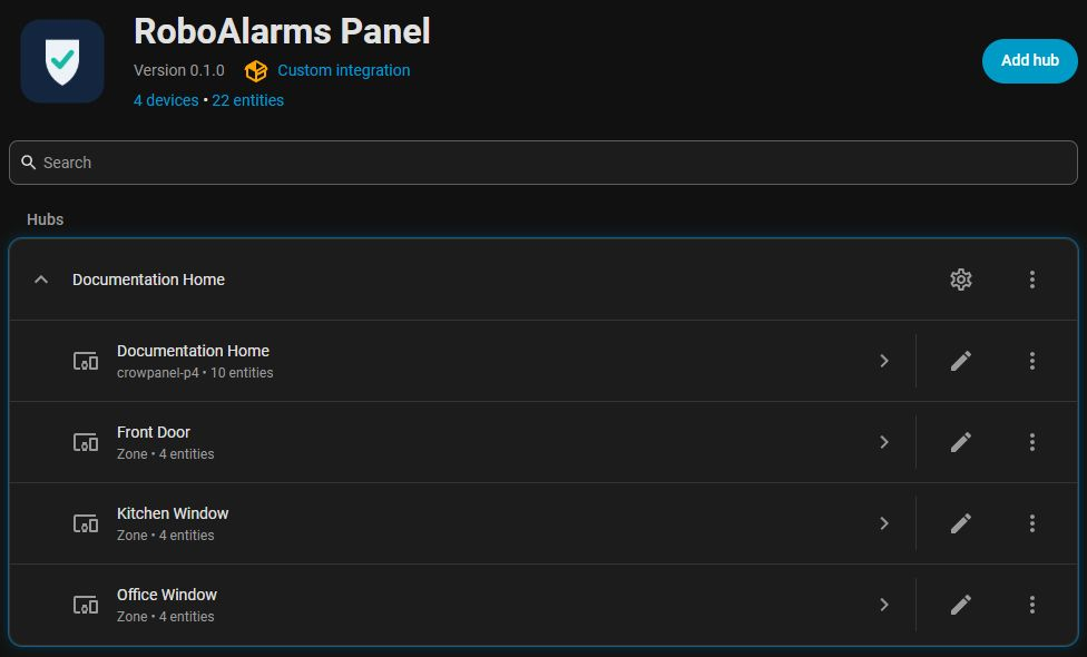 RoboAlarms Panel integration showing the example panel and three zone devices