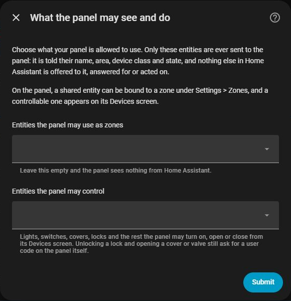Home Assistant options for entities the panel may use as zones and entities it may control