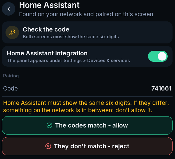 Pairing code and the panel's allow and reject actions