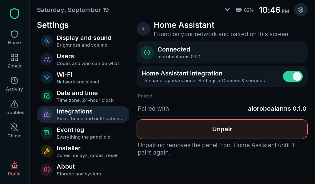 Panel Home Assistant page showing paired connection