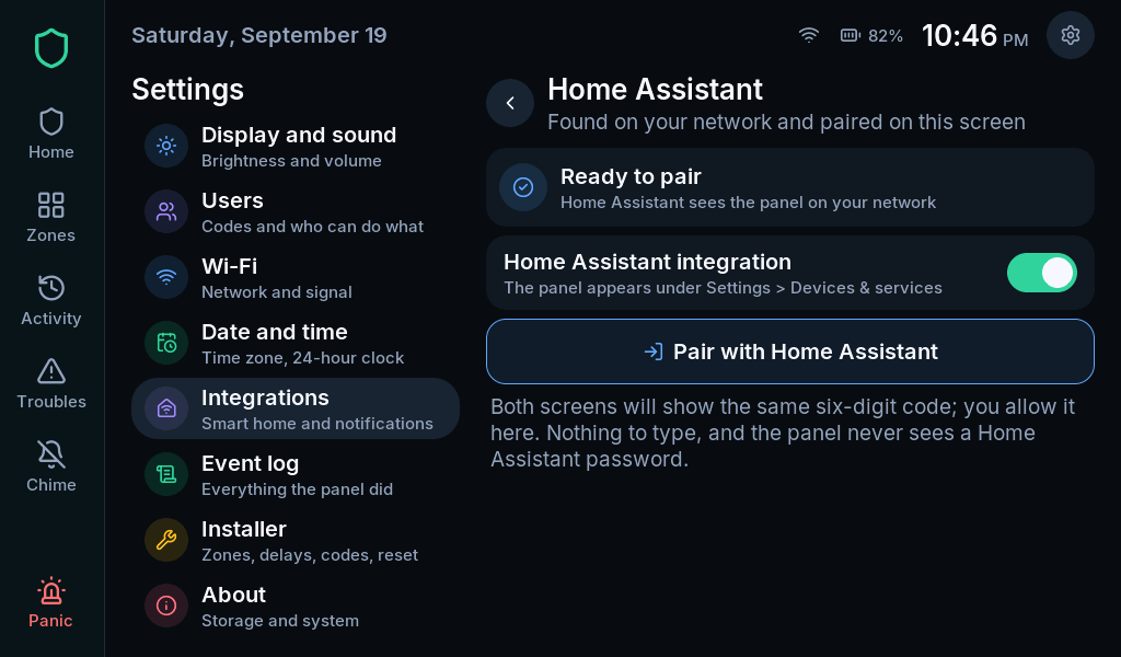 Panel Home Assistant page with the integration enabled and pairing available