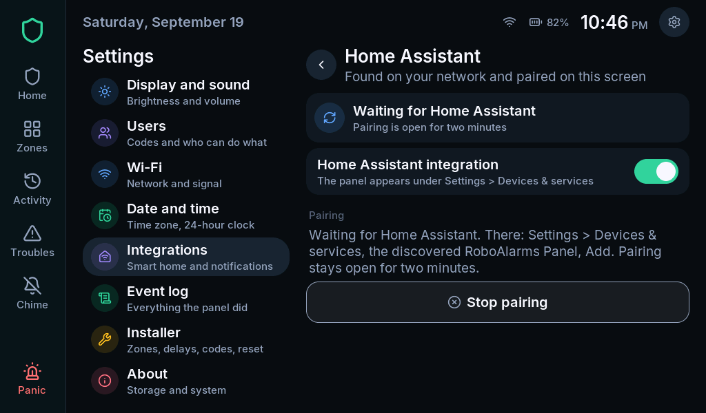 Panel waiting for Home Assistant to start pairing