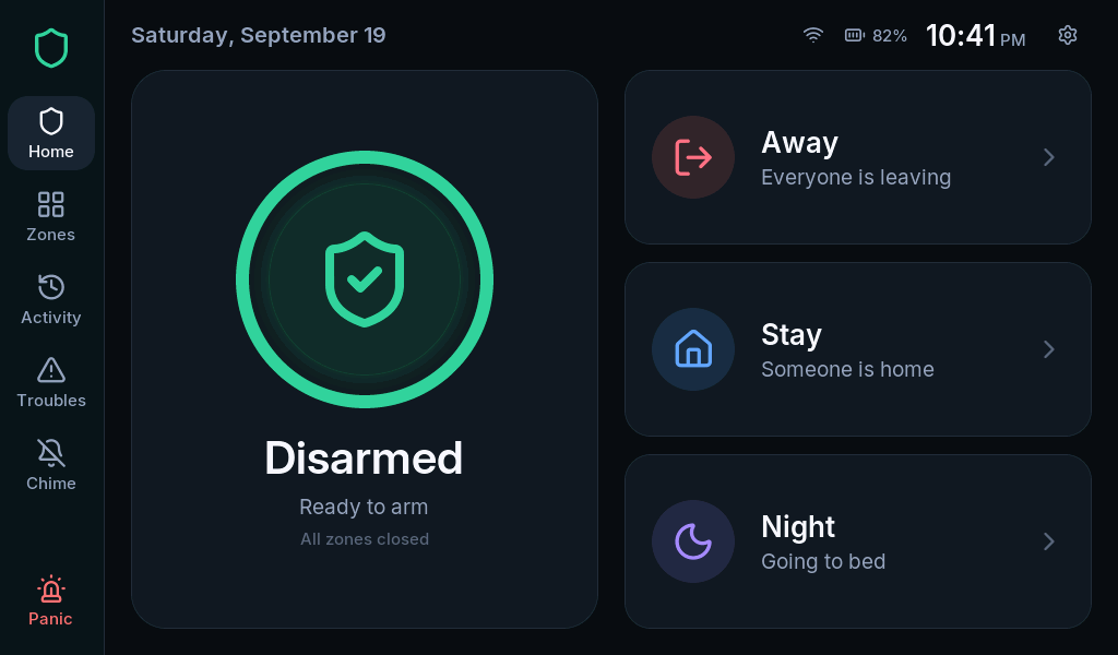 RoboAlarms Home screen, ready to arm