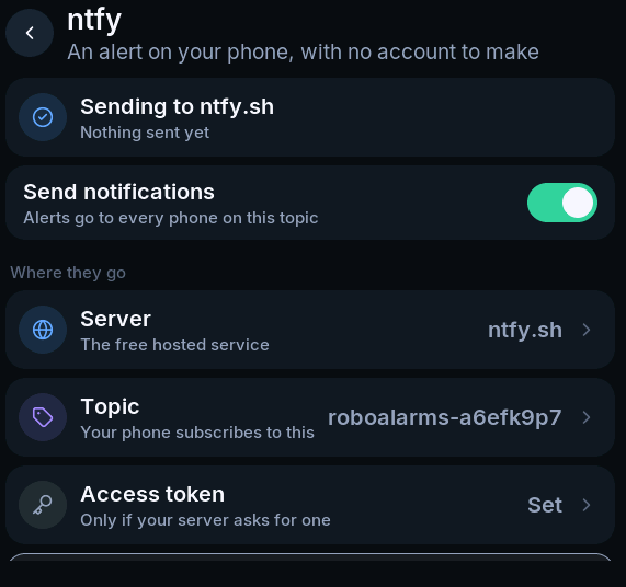 ntfy configuration page with notification and destination controls