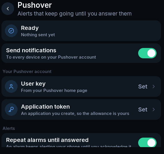 Pushover configuration with credential and notification controls