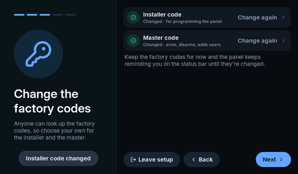 Setup page for changing installer and master factory codes