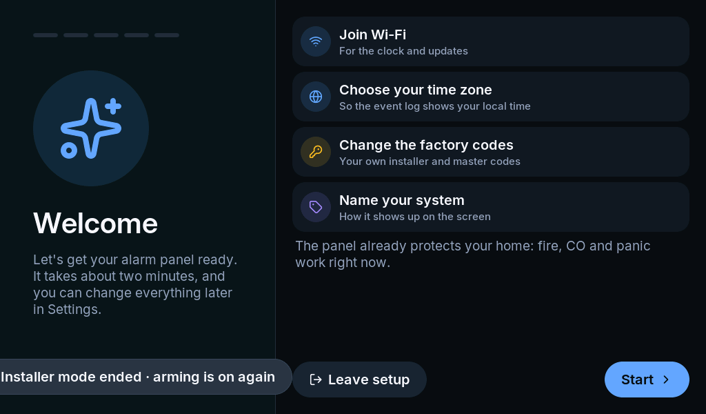 Setup welcome screen listing Wi-Fi, timezone, codes and system name