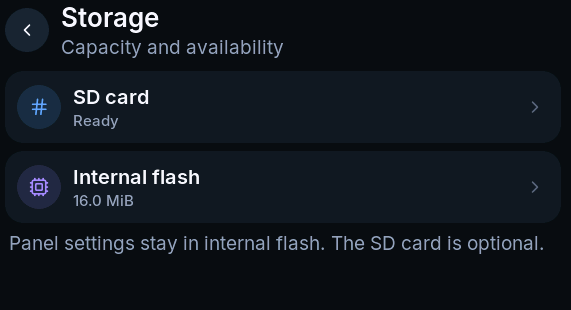 Storage overview showing SD card and internal flash