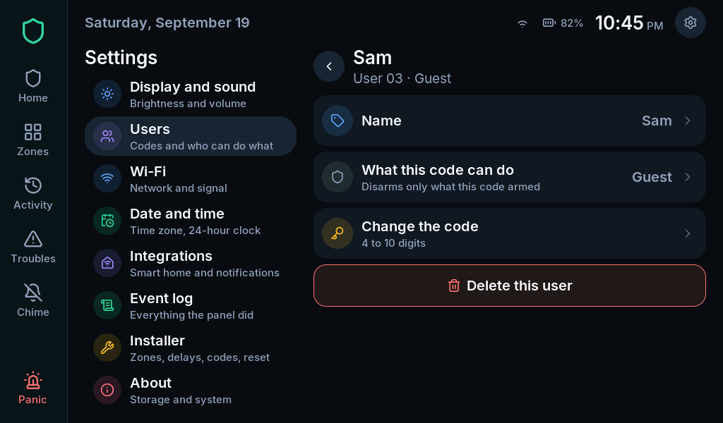 User settings with Name, What this code can do and Change the code